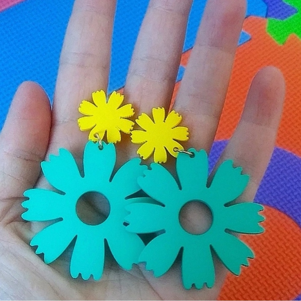 Teal and Yellow Large Flower Drop Statement Earrings
